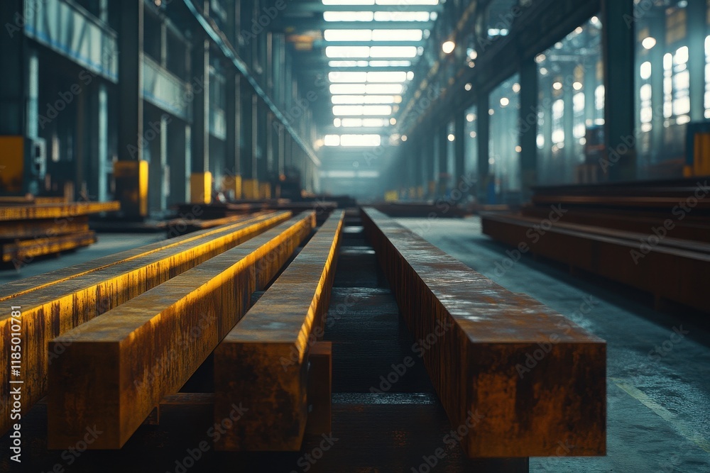 A dramatic view of rusted steel beams in a vast, industrial warehouse bathed in warm light. A dramatic view of rusted steel beams in a vast, industrial warehouse bathed in warm light.