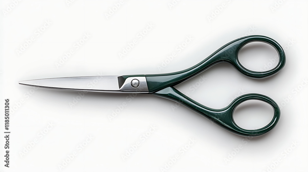 Fototapeta premium open green handle school scissors isolated on white background perfect for kids safe crafting, school projects, and safety tools 