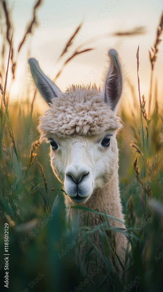 Obraz premium A close-up of a fluffy llama peering through tall grass at sunset, showcasing its gentle expression.