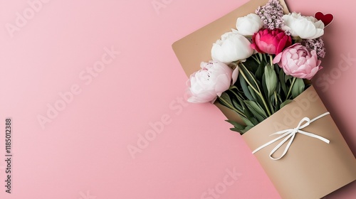 A delicate floral bouquet wrapped in brown paper tied with a white ribbon on a soft pink background. This image represents elegance, femininity, and romance, perfect for floral promotions or celebrati photo