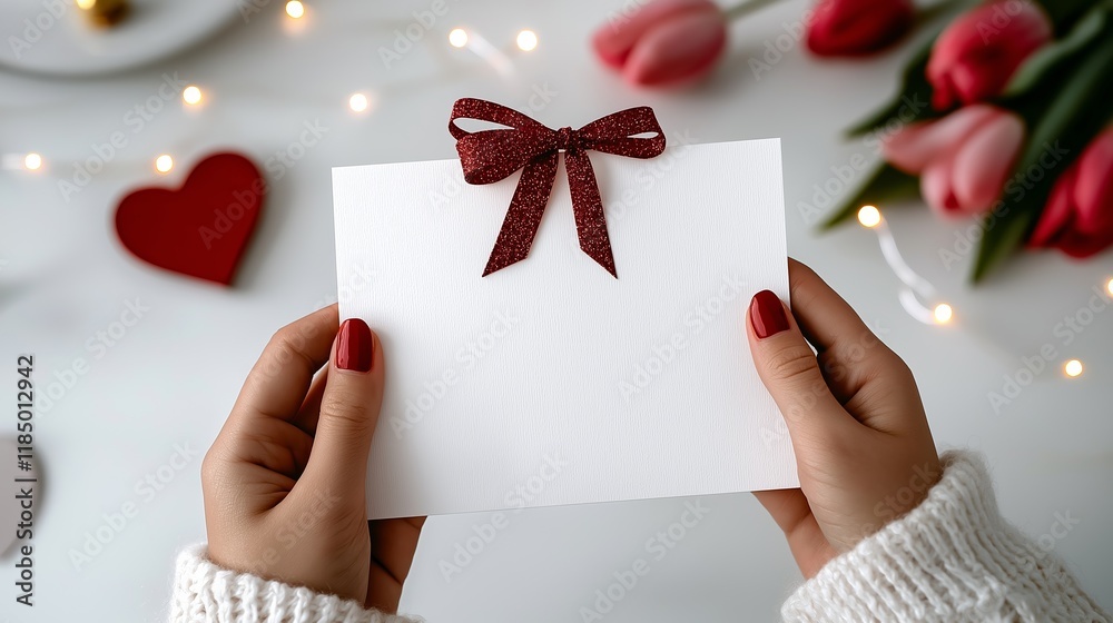 A pair of hands holding a blank white card decorated with a glittery red bow. White empty card blank for text messsage for Valentine's day with love, copy space A pair of hands holding a blank white card decorated with a glittery red bow. White empty card blank for text messsage for Valentine's day with love, copy space
