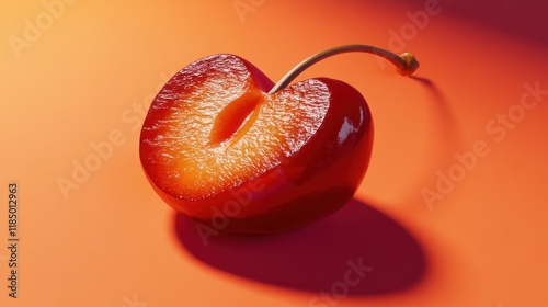 Close-up of a halved plum, vibrant red, juicy interior, on an orange background. photo