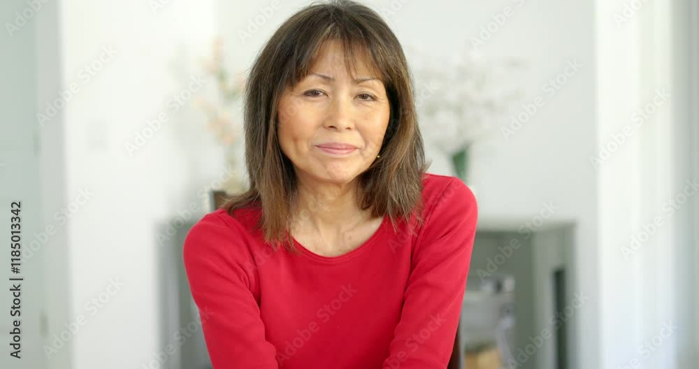 Cheerful woman making funny hand gestures to camera sitting at home