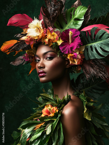 Portrait of a model with a tropical couture headpiece featuring vibrant flowers, lush greenery, and feathers, paired with a bold necklace, creating an exotic and captivating composition.