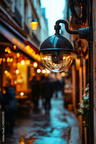 A street light hanging from the side of a building