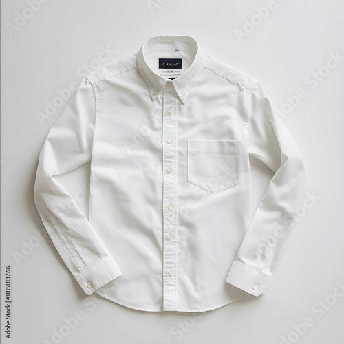 flat lay white oxford cloth button down shirt style like jcrew white background 50mm lens hyperrealistic studio light for ecommerce store soft look and feel of the fa photo