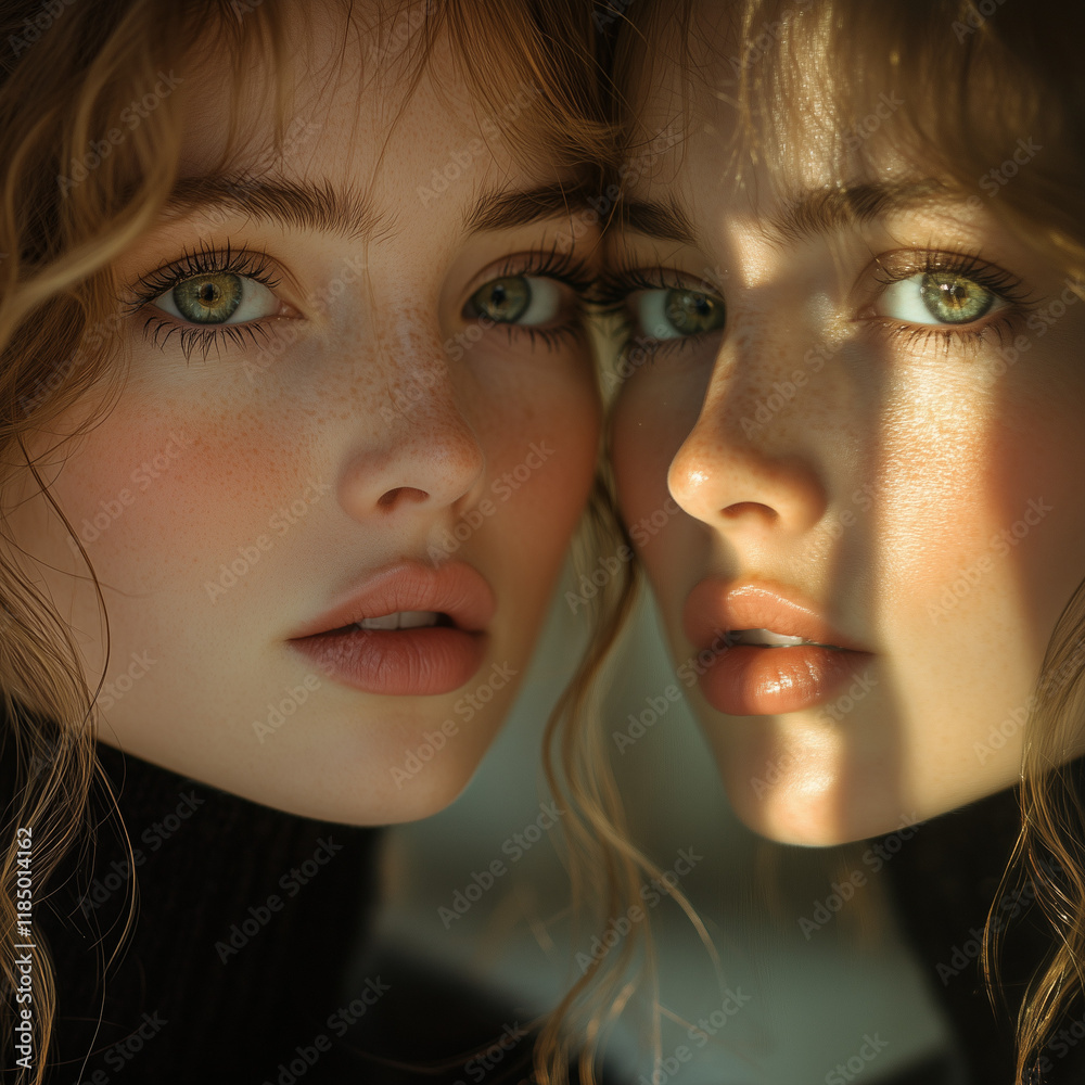 Two women looking thoughtfully at each other in soft light Two women looking thoughtfully at each other in soft light