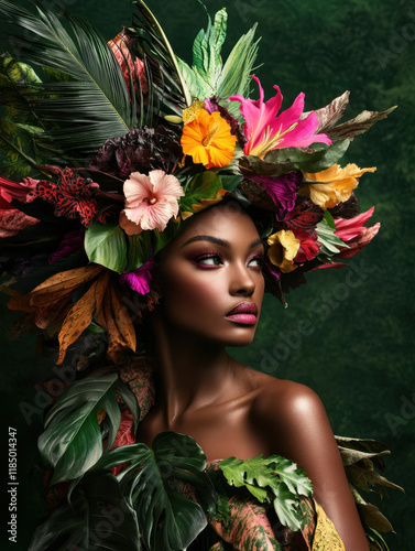 Portrait of a model with a tropical couture headpiece featuring vibrant flowers, lush greenery, and feathers, paired with a bold necklace, creating an exotic and captivating composition.