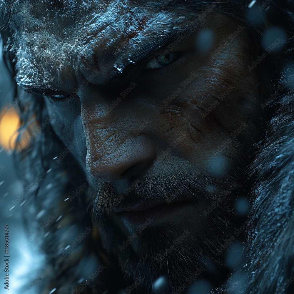 Close-up of a rugged man showing determination in a snowy environment