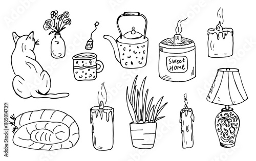 A cozy set of home decor elements and accessories. Hand-drawn vector illustrations, contour drawing. Plaid, tea, teapot, lamp, candles, scented candle, potted flower, cat, vase with flowers.