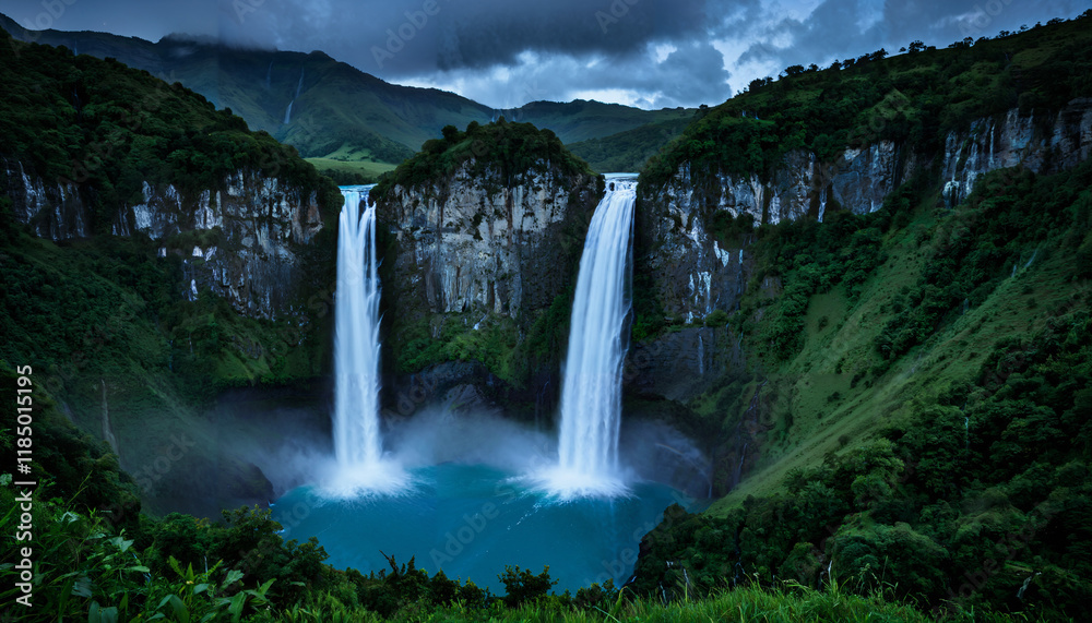 Fototapeta premium Majestic Twin Waterfalls at Dusk