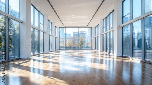 Wallpaper Mural A minimalistic modern interior space with large windows allowing natural light to fill the room, showcasing wooden flooring and urban views Torontodigital.ca
