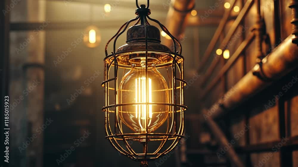 Light bulb hanging from a metal cage. The light bulb is yellow and glowing