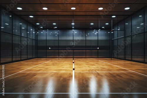 A spacious indoor badminton court with wooden flooring and modern lighting, set for a game.