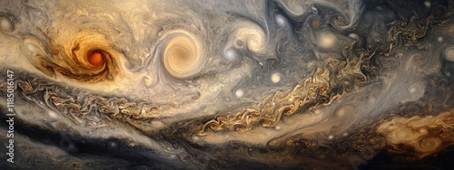 A surreal view of a massive storm on Jupiter, with swirling clouds and the iconic Great Red Spot, Planetary scene