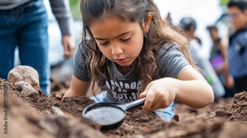 Fototapeta Naklejka Na Ścianę i Meble -  Kids playing in archaeologists working on paleontology excavations digging soil with shovel and exploring artifacts with magnifying glass. Children study dinosaurs fossil. cartoon vector illustration