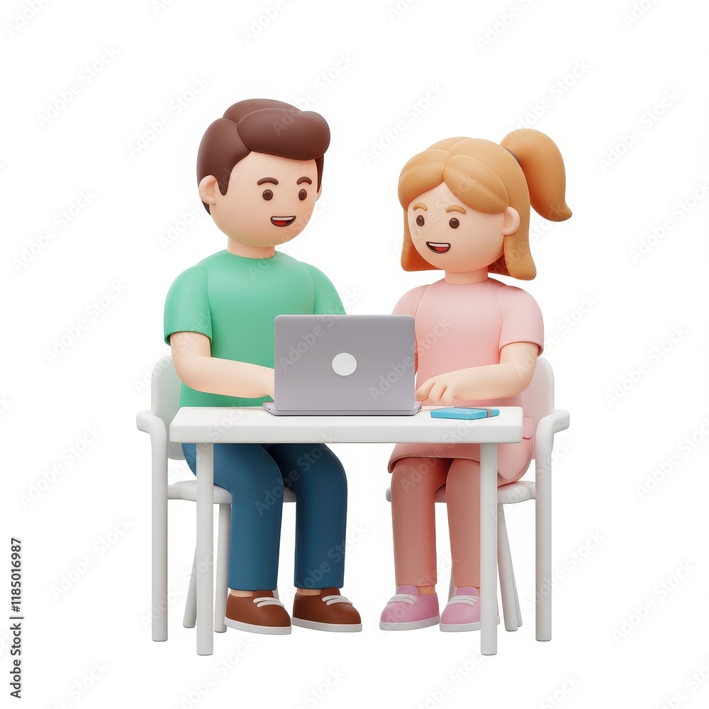 A 3D illustration of a couple sitting together at a table working on a laptop and smiling symbolizing collaboration and partnership isolated on a white background A 3D illustration of a couple sitting together at a table working on a laptop and smiling symbolizing collaboration and partnership isolated on a white background