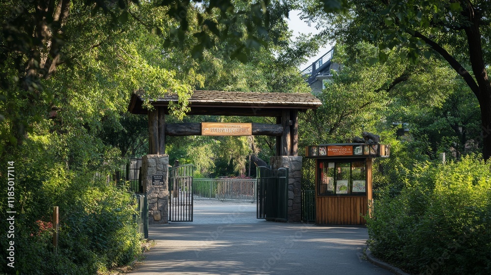Zoo entrance with wooden board on stone arch and cashier booth. Zoological garden for wild animals. Vector cartoon landscape with entry gates, metal fence, signboard and green bushes Zoo entrance with wooden board on stone arch and cashier booth. Zoological garden for wild animals. Vector cartoon landscape with entry gates, metal fence, signboard and green bushes