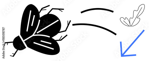 Black fly transforming into a leaf following blue arrow. Ideal for growth, change, transformation, evolution, guidance, nature, progress themes. Minimalist design conveys abstract line flat metaphor