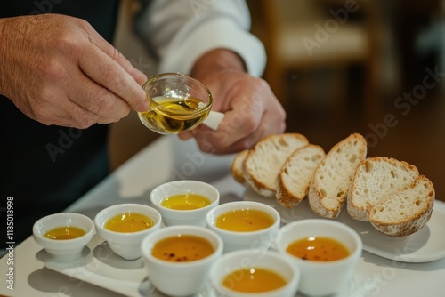 Sommelier engages in olive oil tasting with tasting cups and bread slices for an immersive experience