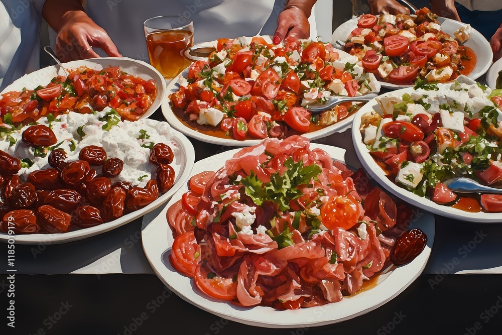 A delightful spread of fresh tomato-based salads presented in white serving plates, bursting with vibrant colors and garnished with herbs and creamy cheese. A delightful spread of fresh tomato-based salads presented in white serving plates, bursting with vibrant colors and garnished with herbs and creamy cheese.