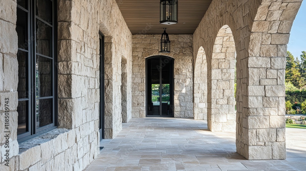 Stone walkway, arched columns, light-toned exterior. Stone walkway, arched columns, light-toned exterior.