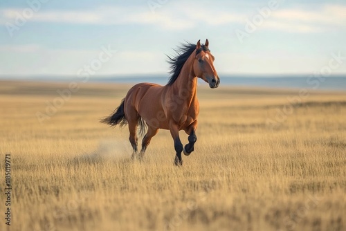 A majestic horse runs gracefully across the expansive steppes, embodying the spirit of freedom. Its mane flows in the wind as it moves dynamically through the tall grass photo