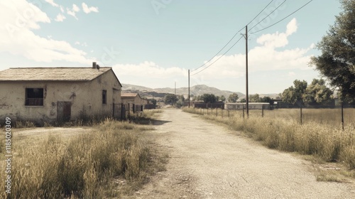 Rustic rural road leads past dilapidated farm buildings and fields under a clear sky.