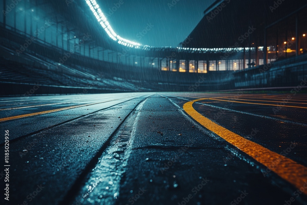 An empty athletic track during nighttime rain, with illuminated stadium lights reflecting on the wet surface. An empty athletic track during nighttime rain, with illuminated stadium lights reflecting on the wet surface.
