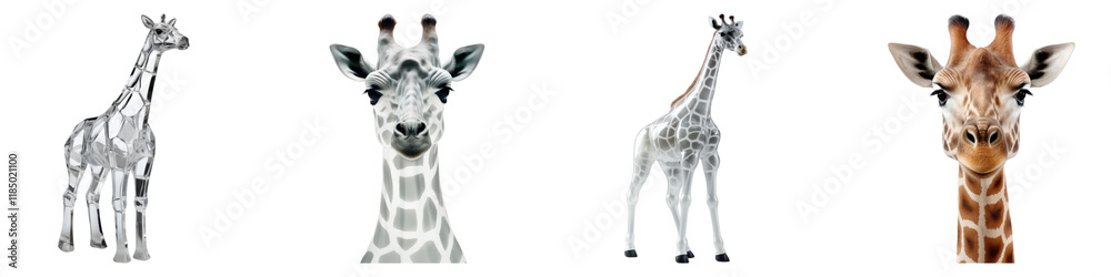 Fototapeta premium Glass figurine of giraffe isolated on transparent background, Set of