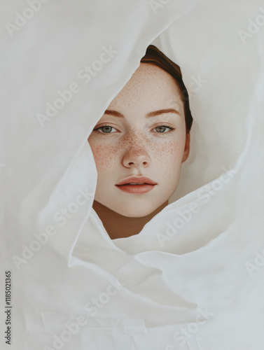 Portrait of a fair-skinned woman with freckles, partially enveloped in soft white fabric, exuding a serene and ethereal mood.