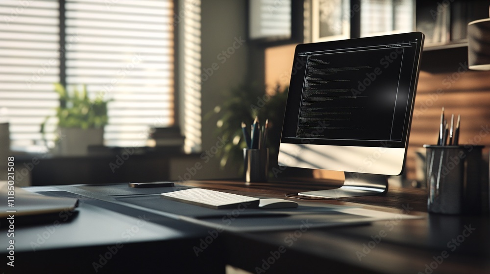 Fototapeta premium Modern office desk showing programming code on monitor screen