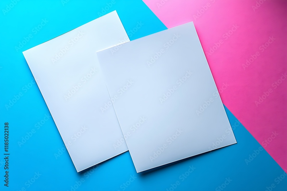 Two Blank White Sheets Layered on a Vibrant Blue and Pink Background Two Blank White Sheets Layered on a Vibrant Blue and Pink Background