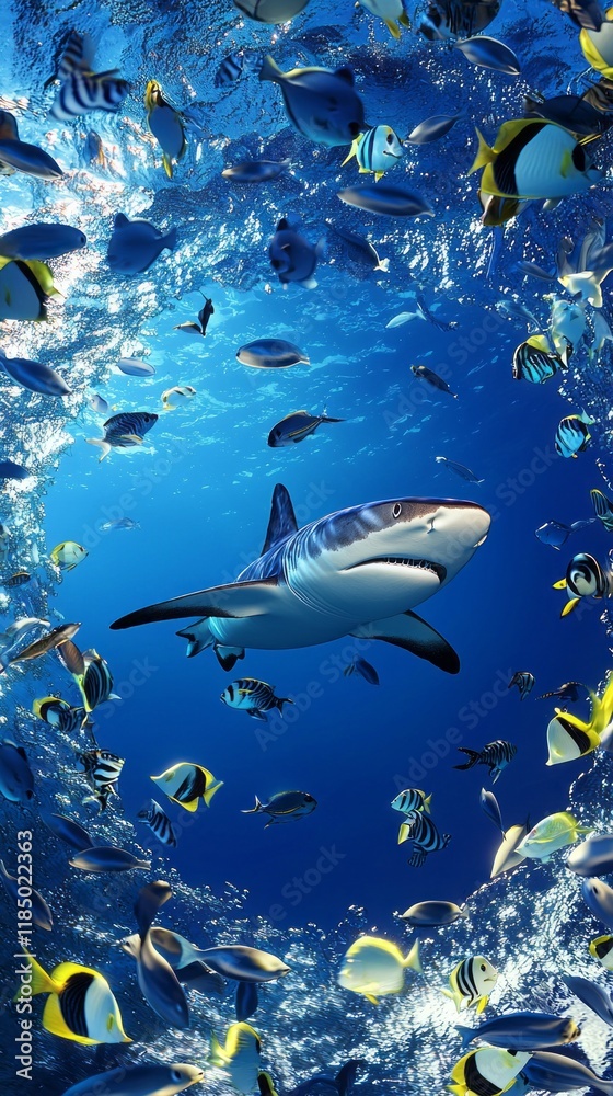 Fototapeta premium Under clear turquoise waters, a tropical reef shark navigates through a lively school of fish, showcasing the beauty and diversity of marine life in its natural habitat