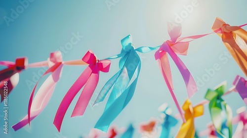 A string of cancer awareness ribbons blowing in the breeze against a clear sky photo