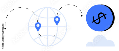 Lines connect globe, markers, and dollar sign portraying worldwide money movement. Ideal for finance, global transactions, international trade, economics, business growth, technology