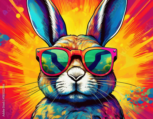 A colorful pop art illustration shows a cool rabbit wearing sunglasses against a vibrant orange and red starburst background. photo