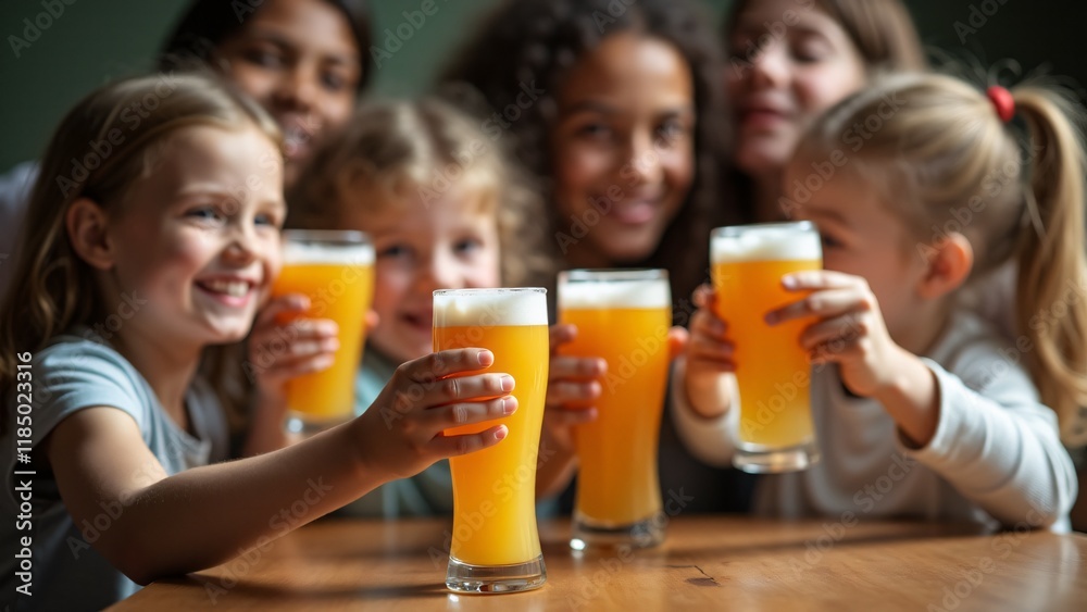 Children mimicking a beer toast with juice glasses, bringing humor and innocence to National Beer Day, highlighting the fun and playful side of the celebration. Children mimicking a beer toast with juice glasses, bringing humor and innocence to National Beer Day, highlighting the fun and playful side of the celebration.