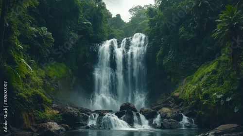 Majestic waterfall cascading through lush rainforest vegetation