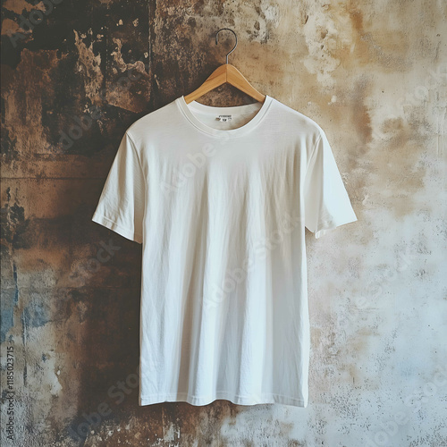 This image features a white tshirt hanging on a wooden hanger against a wall The shirt is unbuttoned and appears to be in good condition with no visible signs of wear photo