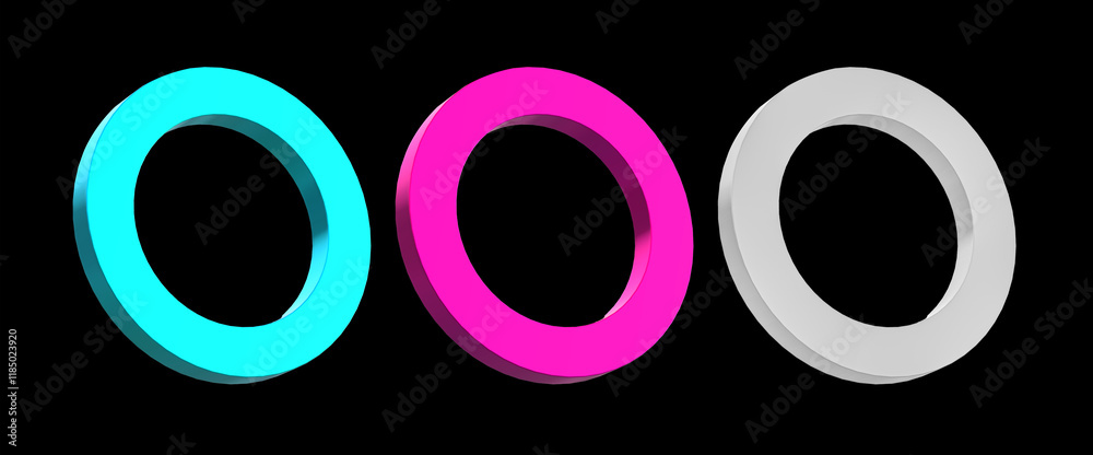 Three multicolored 3D rings in blue, magenta and white on a black background, modern and minimalist design. Three multicolored 3D rings in blue, magenta and white on a black background, modern and minimalist design.