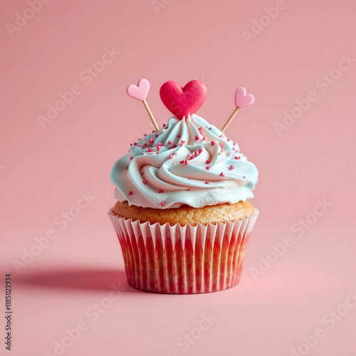 A cupcake with heart-shaped frosting swirls.