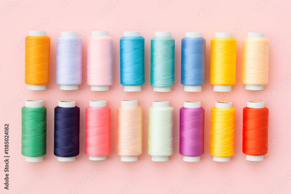 Bright colors sewing threads on spools on a pastel pink background. Sewing flat lay. Craft, hobby wallpaper Bright colors sewing threads on spools on a pastel pink background. Sewing flat lay. Craft, hobby wallpaper