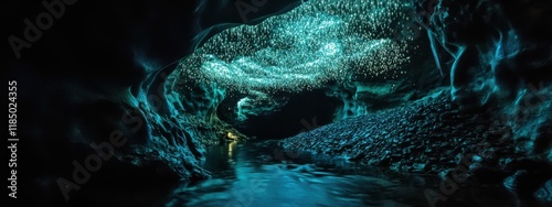 A surreal view of the glowworm caves in Waitomo, New Zealand, Cave scene photo