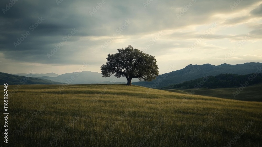 Solitary tree on a hilltop overlooking a vast field under a dramatic sky. Solitary tree on a hilltop overlooking a vast field under a dramatic sky.