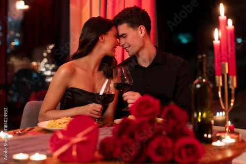 Romantic couple bonding, having dinner in restaurant, enjoying tender moment during Valentine's day celebration
