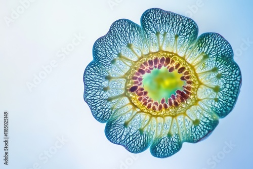 Microscopic cross-section of a flower, revealing intricate cellular structure and vibrant colors.
