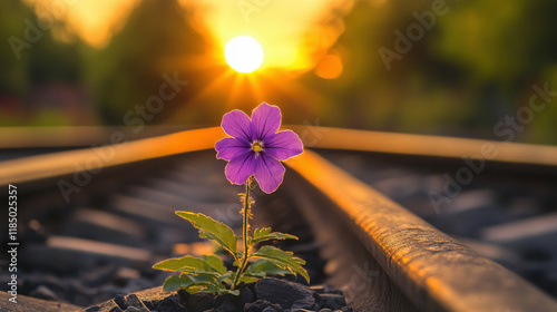 Beautiful purple flower growing from the ground crack on the railway during the sunset. summer landscape. photo