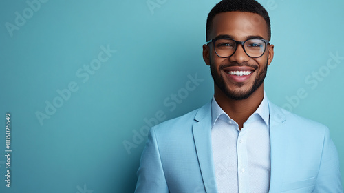 Closeup studio portrait of a handsome young happy black skinned african american businessman wearing a light blue suit and eyeglasses, smiling and looking at the camera. copy space for text, success. photo