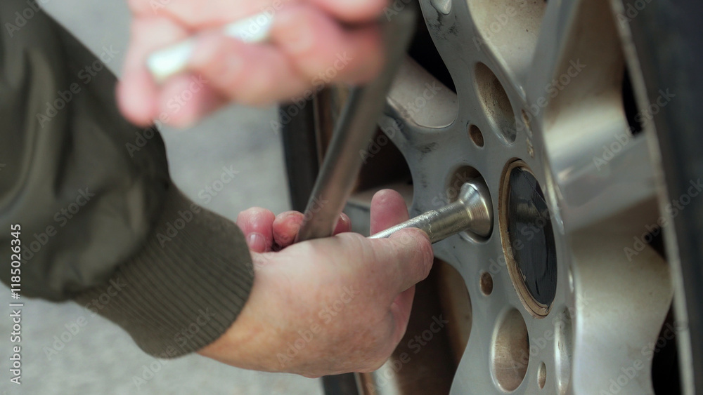 Mechanic using a wrench to tighten lug nuts on a car wheel